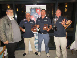 PE 1st Place:
1st Place winning the EVAPCO floating trophy, the PJ STRACHAN individual floating trophies, Wedgewood Golf Voucher to the value of R800 sponsored by Wedgewood Golf Club and a bottle of wine sponsored by SIRAC THERMO each was team METRACLARK. From left to right: Craig Hendricks (SAIRAC PE Centre Chairman) presenting the prizes to Norman Koen, Morne Smit, Christeon Heunis also in the team but not in the photo was Rudi van Niekerk.